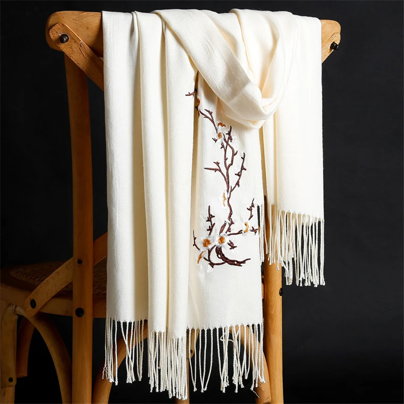 Зимние теплые вышивка кашемировый шарф sjaal женские Женская шаль и Обёрточная бумага однотонная цветная Пашмина толстые Накидки женский газовый шарф