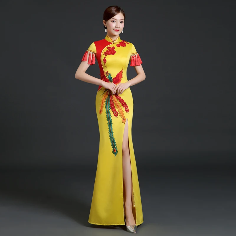 yellow Женское Новое Модное Длинное платье Cheongsam, платье для шоу авто шоу, женское макси платье, сексуальное вечернее платье для банкета - Цвет: yellow