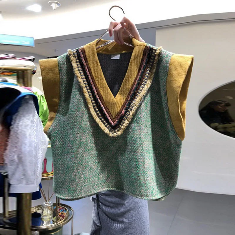 

[EWQ] Women Casual Sleeveless Vests 2020 Spring Autumn New V-neck Ladies Vests Wild Casual Fashion Green Tweed Coats Tops QZ178