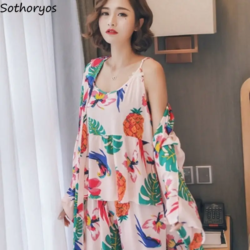 

Women Robe Sets Simple Sexy Spaghetti Strap Tops Loose Wide-leg Trousers Elastic Waist Elegant Bathrobe Ulzzang 3PCS Hgomewear