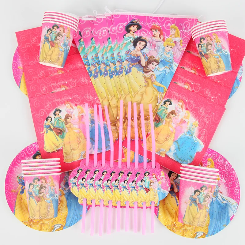 90pcs 90 шт./лот Дисней Принцесса Тема вечерние украшения посылка для детей день рождения одноразовые принадлежности чашки тарелка соломенная салфетка флаг - Цвет: 90pcs