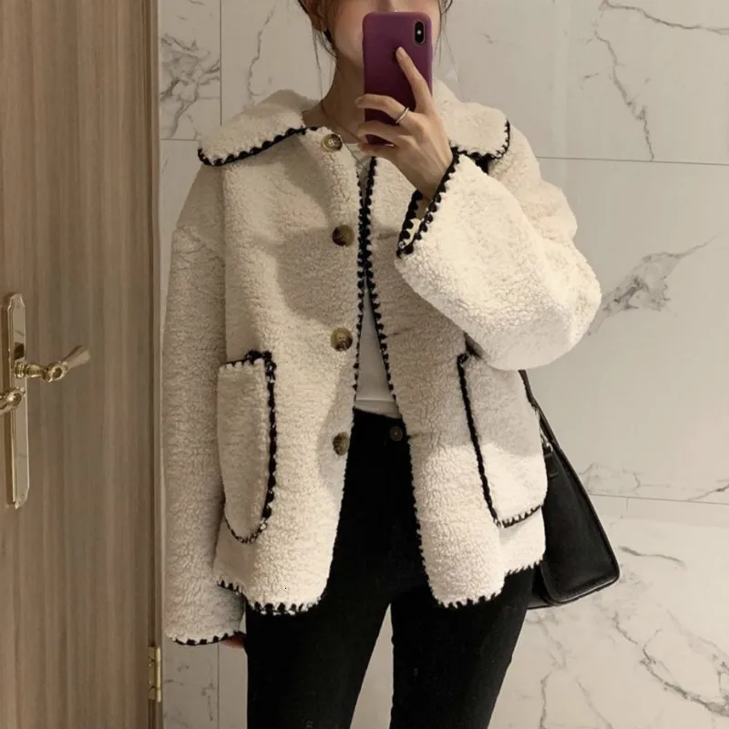 Goede Vrouwen winter vintage turn down kraag lambwool jas dames Tand bloem lange mouw korte wollen jas jasje warme uitloper