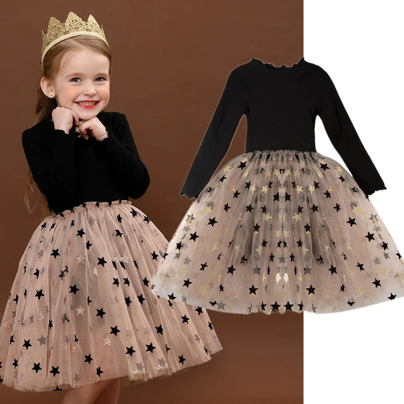 Sequins Star Tulle Dress for Girl Summer Sleeveless Knitted Dresses Christmas Party Vestidos Baby Children Birthday Clothing