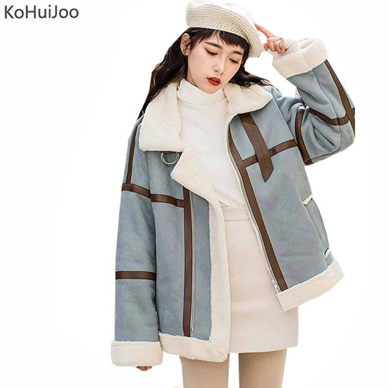 KoHuiJoo зимнее замшевое кожаное пальто женские толстые теплые зимние куртки из овечьей шерсти женские Лоскутные Бархатные куртки Уличная