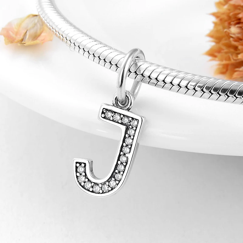 Real 925 Sterling Silver Alphabet Letter J Crystal Charm Bead Fit Original European Bracelet Necklace Authentic Jewelry Making | Украшения