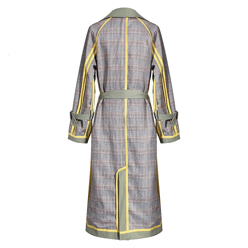 CHICEVER Hit Color Patchwork Plaid Windbreakers Women Lapel Collar Long Sleeve High Waist With Sashes Trench Coat Female New