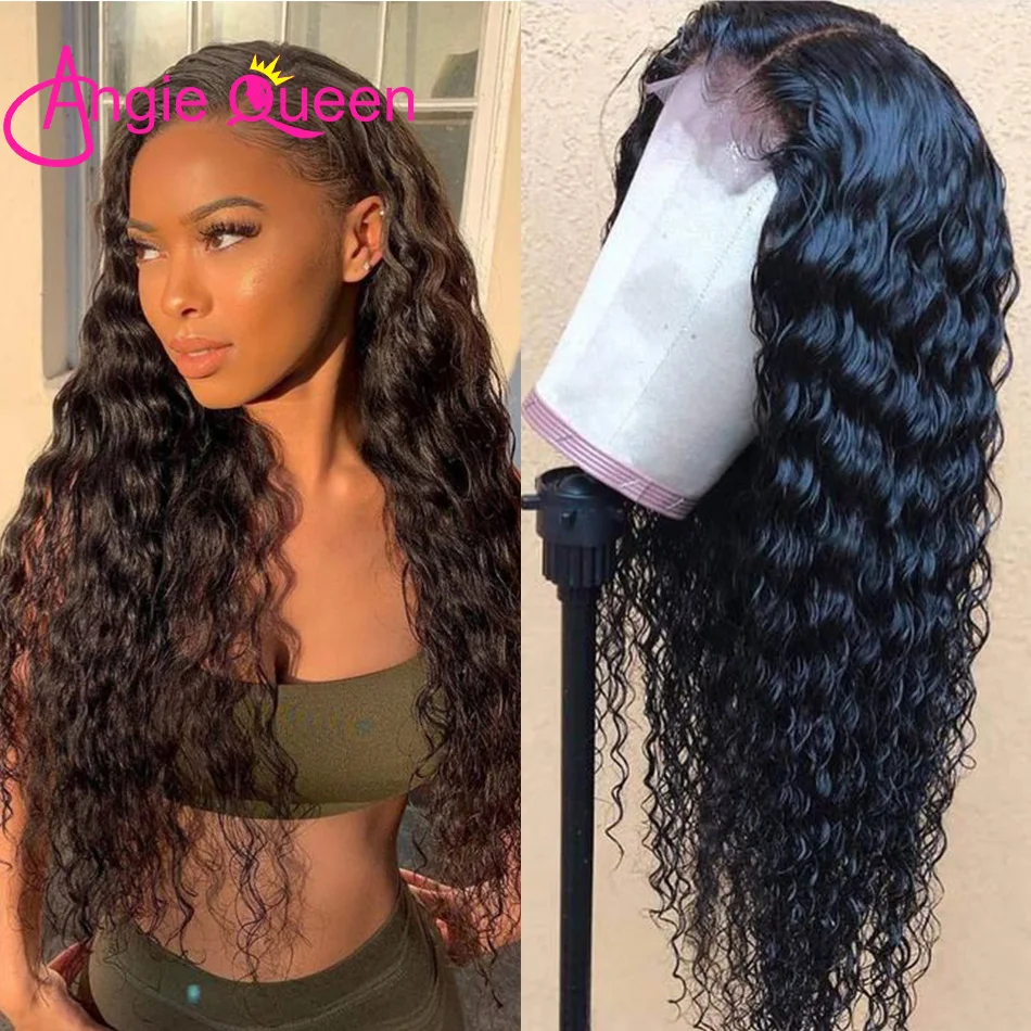 Deep Wave Human Hair Wig 13x4x1T Part Lace Wig ANGIE QUEEN Natural Color Peruvian Virgin Hair Wigs Long Hair Style 10-26 Inch