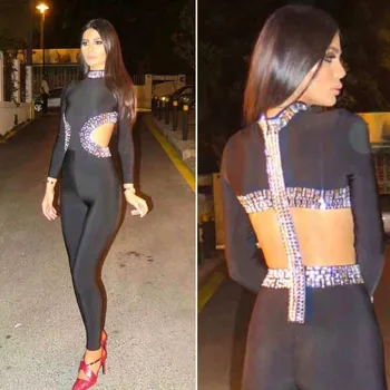 

Top Quality Black Manutal Beading Long Sleeve Rayon Bandage Jumpsuits Evening Party Jumpsuits