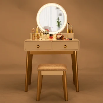 

135 X 80 X 40cm Dressing Table With Two Drawers Large Glass Round Dresser Fashion Simple Bedroom Decoration Cosmetic Organizer