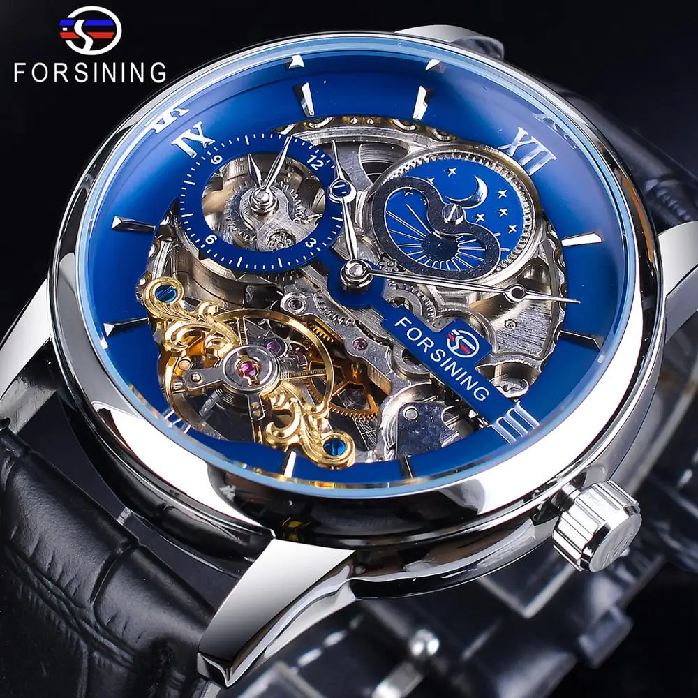 

Forsining Dual Time Zone Automatic Skeleton Watch Blue Dial Leather Band Waterproof Mechanical Watch Moon Phase Men Sport Clock
