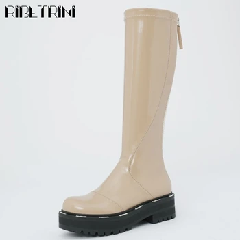 

RIBETRINI On Sale Stylish Lady Round Toe Platform Zipper Brand Shoes Chunk Heel Ankle Women Boots Casual Street Boots