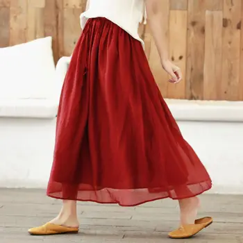 

2018 New Spring Cotton and Linen Skirt Summer Plus Size Women Lace up Skirts Autumn Ladies Vintage Midi Long A-line Skirt