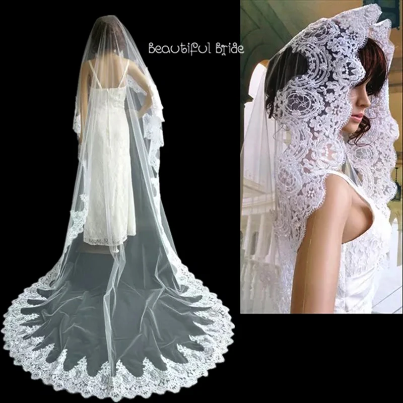 

2019 Elegant Women Wedding Lace Veil 3 Meter Long Cathedral Without Comb One Layer Tull Appliques Bridal Veils In Stocks
