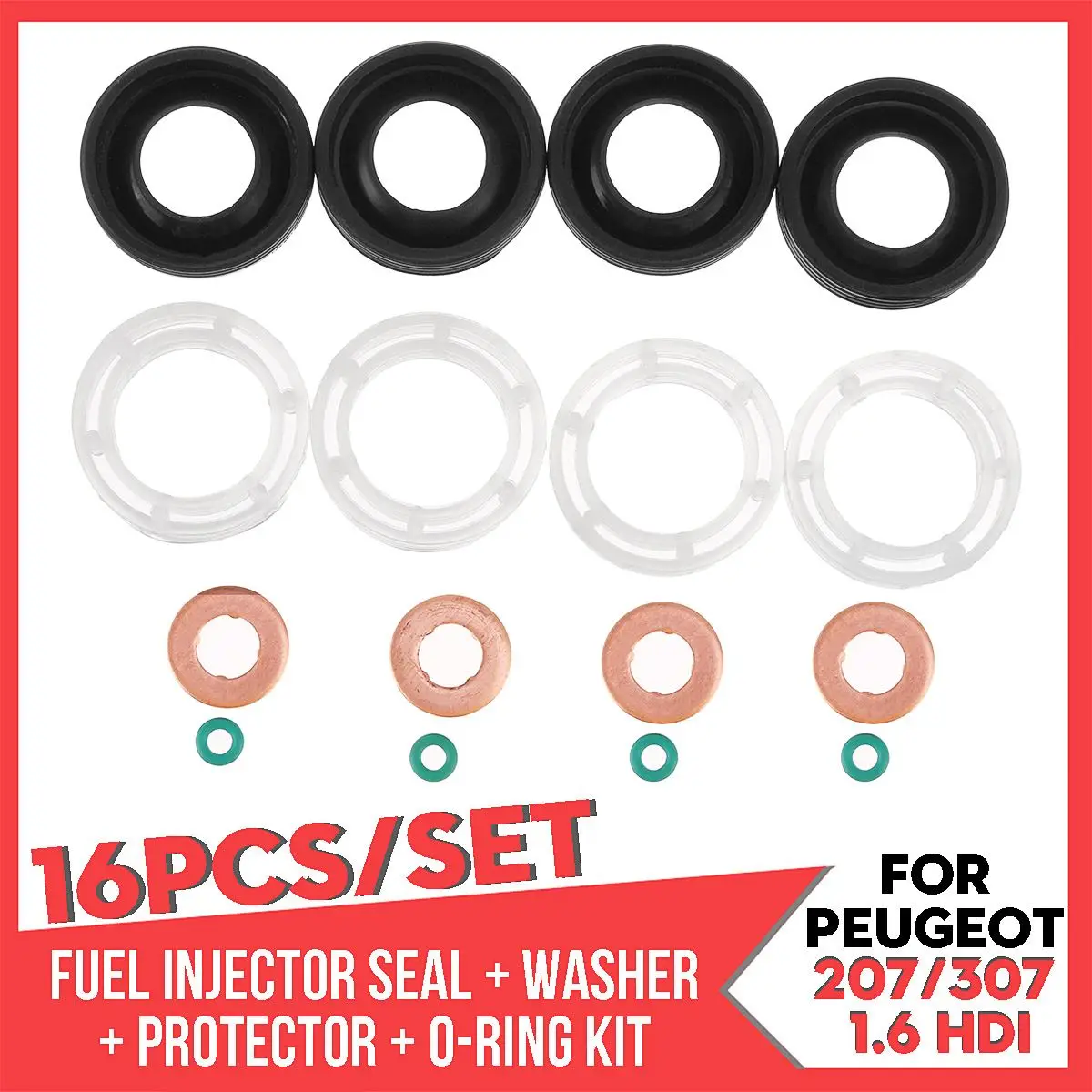 Fuel Injector Seal Washer O-Ring Kit for Peugeot Partner Tepee 1.6 HDI 2004 on