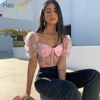 

HAOYUAN Sexy Pink Embroidey Mesh Sheer Womens Tops and Blouses Summer Clother Elegant See Through Short Sleeve Shirt Crop Top