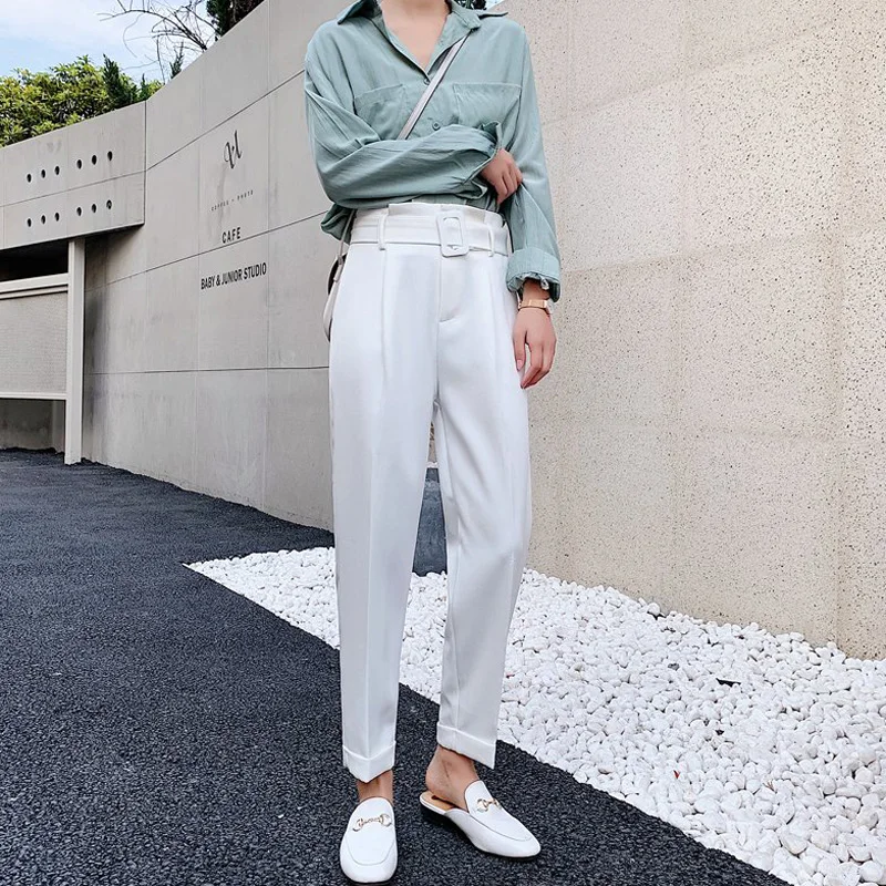 BGTEEVER элегантные пояса женские узкие брюки белые с высокой талией уличная женские брюки однотонные офисные женские брюки плюс размер
