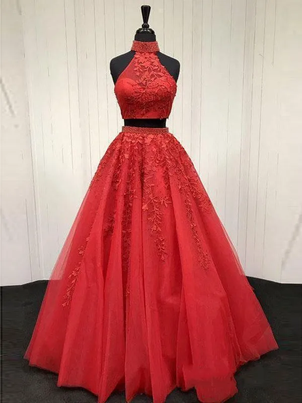Настоящая фотография, кружевное платье с аппликацией из двух частей для выпускного вечера, длинное Дешевое бальное платье с лямкой через шею, официальное вечернее платье, vestido largo fiesta - Цвет: Красный