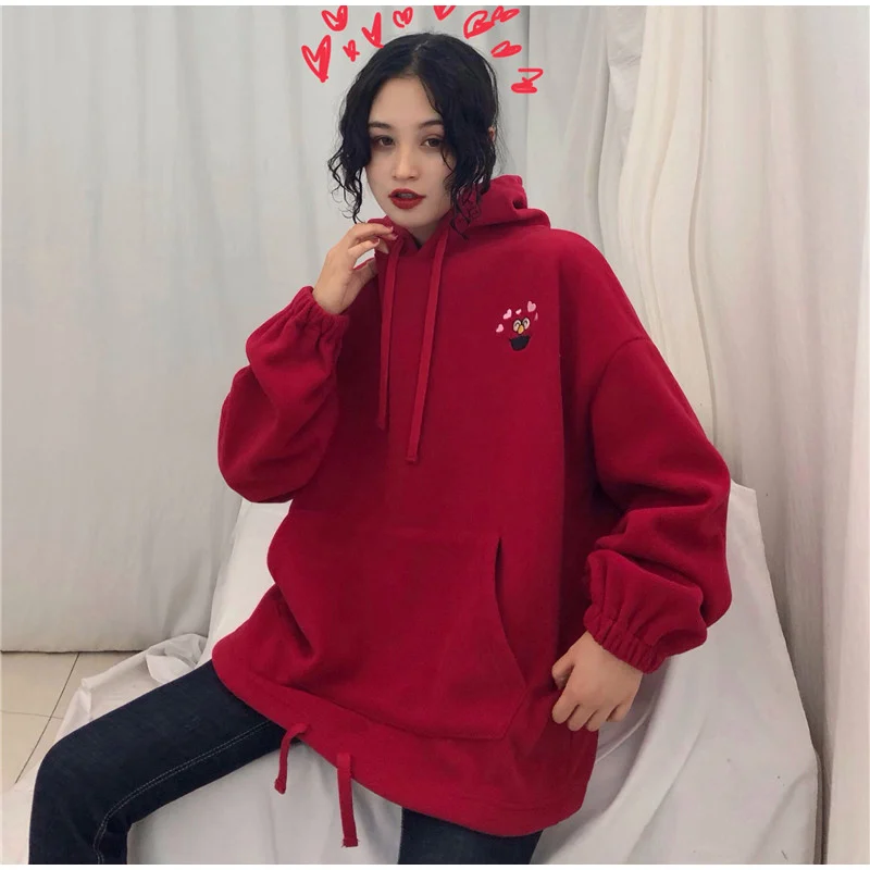  Women's Autumn Hooded Hoodies Sweatshirt Plus Velvet Pockets Oversize Sweatshirts Women Spring Embr