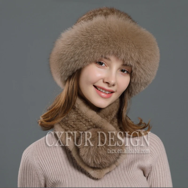 CX-C-99A Luxury Pom Pom Woman Fashion Scarf Real Fox Fur Around Trim Knit Mink Fur Hats