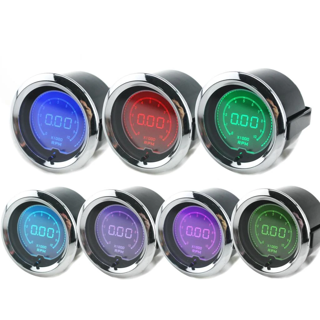 Car 2'' 52mm 7 Colors Backlight Digital Tachometer RPM Gauge Meter