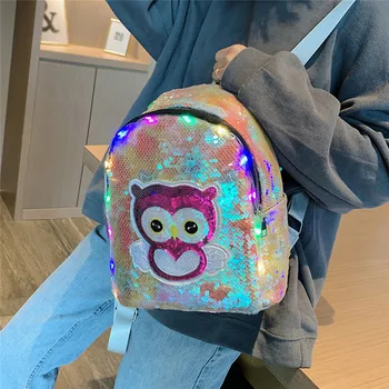 

LED Light Sequins Owl Backpack Fashion Glitter School Book Bag Knapsack Girls Cute Hologram Laser PU Leather Travel Mochila #40