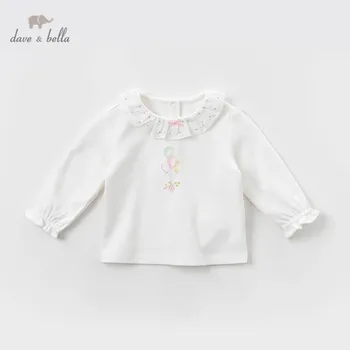 

DBJ13454 dave bella spring baby girls cartoon bow ruched T-shirt children long sleeve tops girls cute pullover kids fashion tees