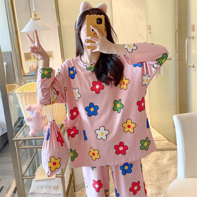 

2019 Spring and Autumn Women's Pajamas Set Cartoon Printed Clothes Plus Size Loose Home Wear Cute Pajamas Soft Pajamas Home Wear