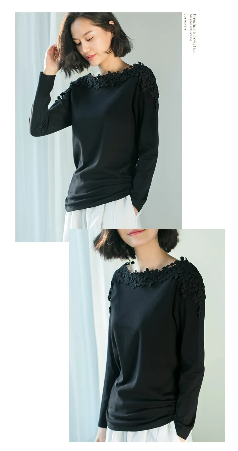 Plus Size M-4XL Female T-shirt Long Sleeve Lace Winter T-shirts For Women Slashneck Side Pleated Cotton Casual Top Tee Camisetas