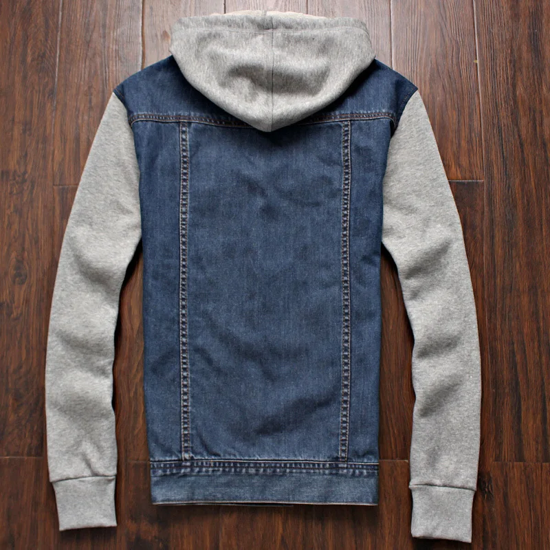 

2020 spring new men's denim jacket, large size fashion casual hooded denim jacket, knitted sleeve stitching denim jacket male
