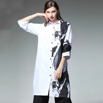 

LANMREM 2020 New Fashion Temperament Irregular Ink Printing Shirt For Female Long Sleeve Long Type Blouse Spring Vestido YG507