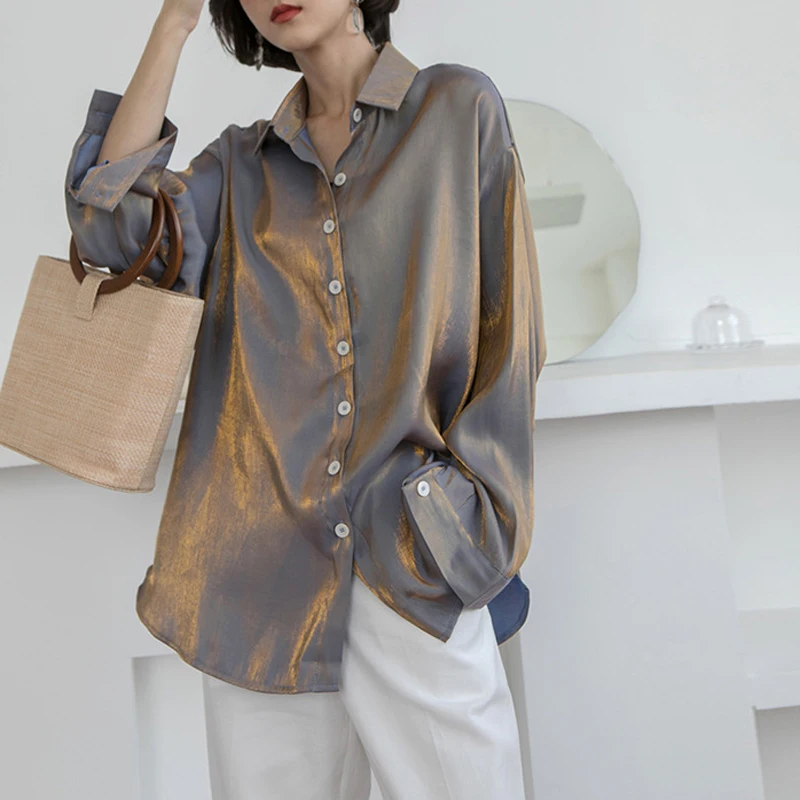 

Bella philosophy autumn women Korean solid loose blouse ladies Casual Long Sleeve Blouses female Bright Shine Metallic Tops