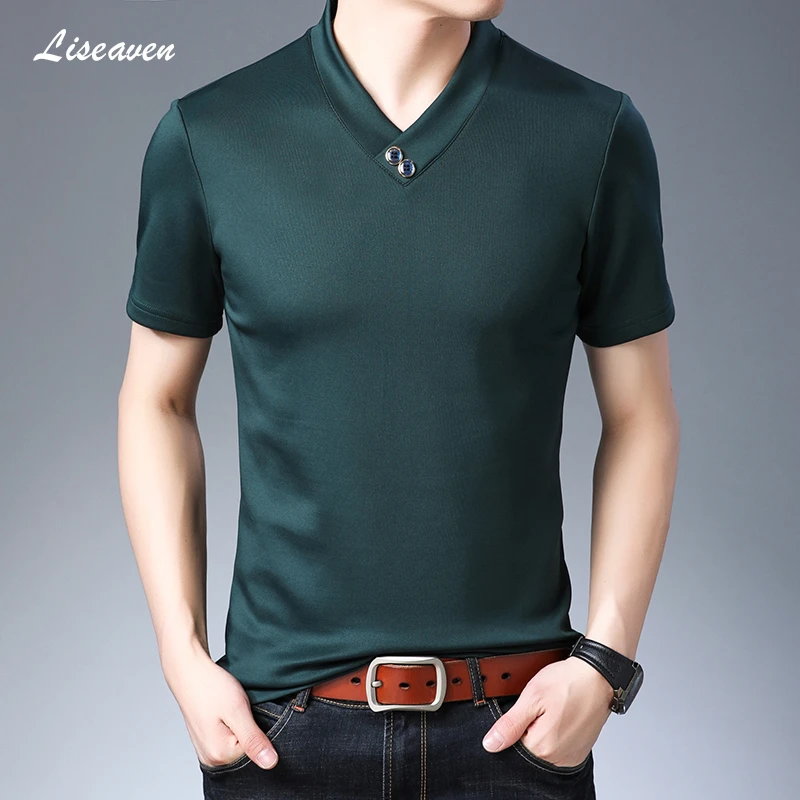 

Liseaven Men's Short Sleeve T Shirt Spring Summer V Neck Solid Color T-Shirt Men Top Tees Shirts