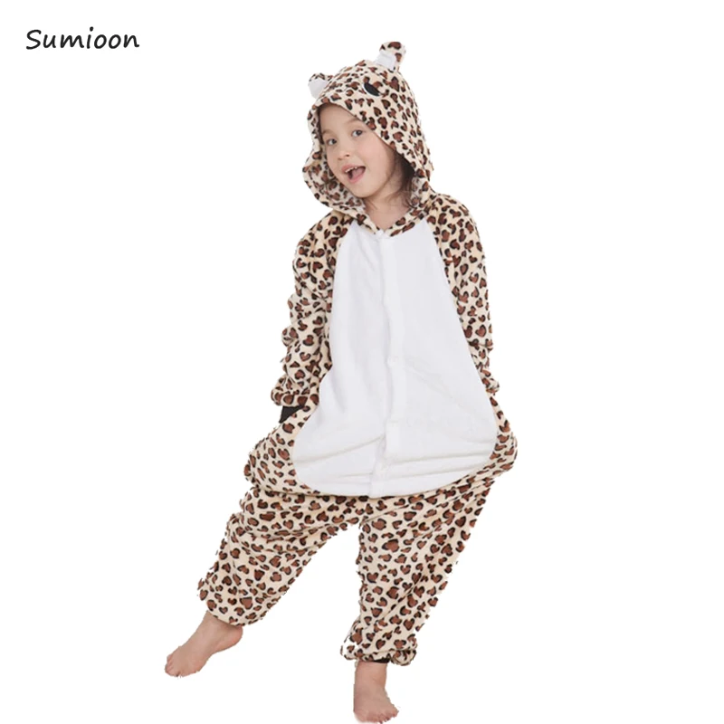 Children Stitch Kigurumi Pajama Kid Boy Girl Anime Overall Tiger Unicorn Pijama Onesie Onepiece Baby Animal Sleepwear Cosplay - Цвет: Leopard