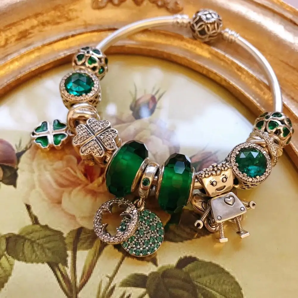 

Kaliyah 100% 925 Sterling Silver 1:1 Inlaid Green Bead Robot Pattern Bracelet Free Of Charge
