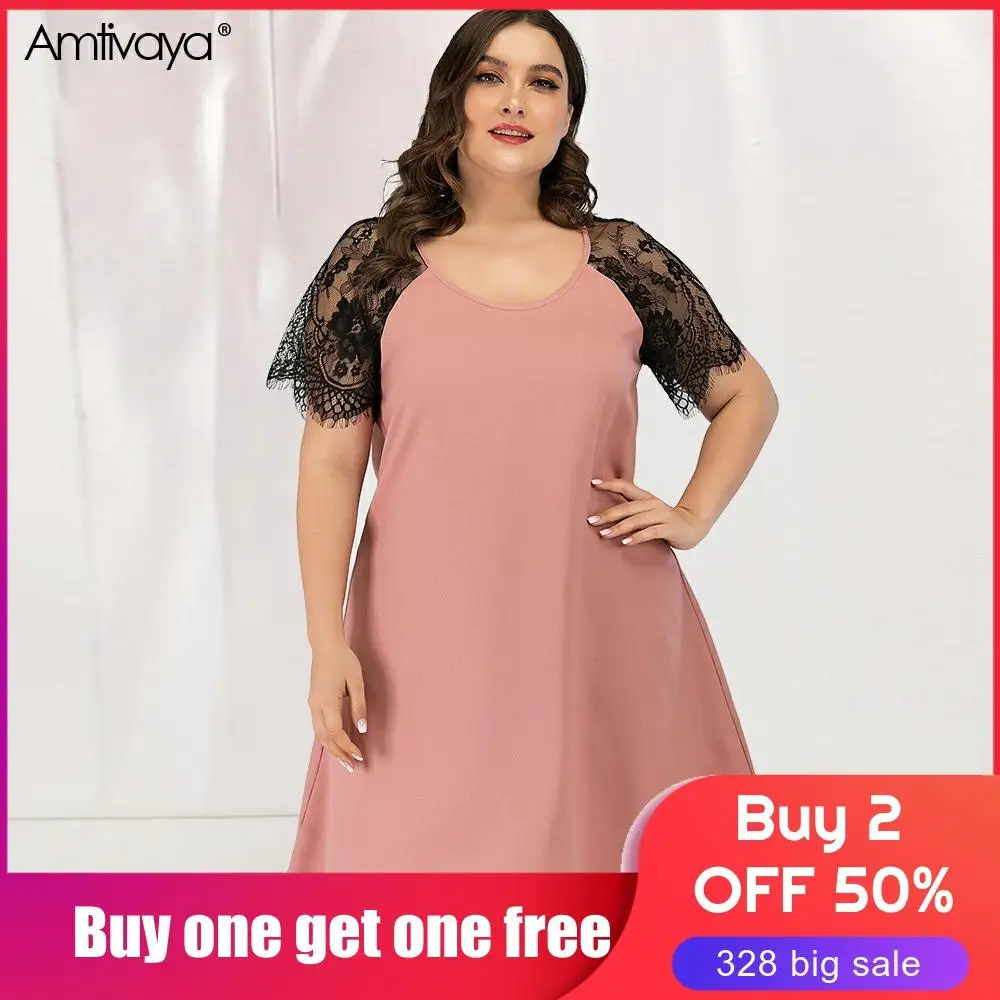 

Amtivaya Plus Size Dress For Women Summer 2020 Elegant O Neck Chiffon Lace Short sleeves Party Dress Night Pink Elegant