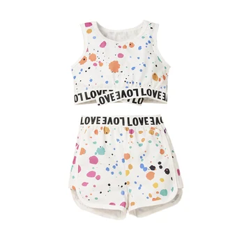 

Little Girls 2PCS Summer Outfits Dots Letter Round Neck Crop Top Elastic Band Split Shorts Toddler Kids Girls Casual Tracksuit