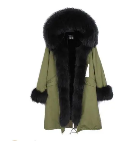 fc13 green black Большие размеры, зимняя женская куртка из натурального меха енота, парки черного цвета с подкладкой из меха енота, длинная куртка, пальто для женщин - Color: fc13 green black