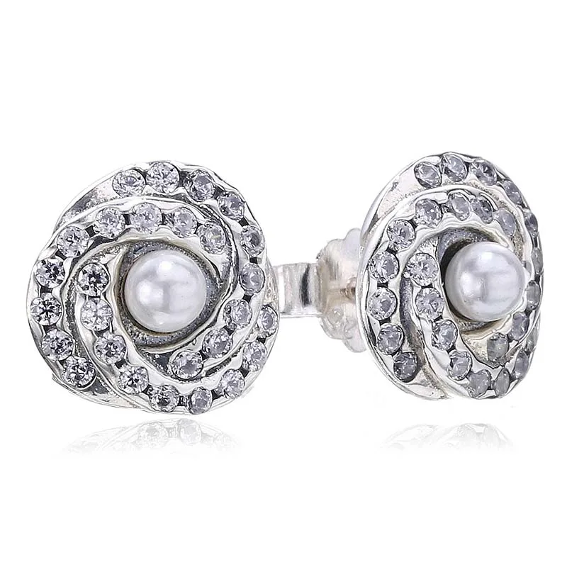 

Authentic 925 Sterling Silver Earring Interlinked Circles With Pearl Studs Earrings For Women Wedding Gift Fine Europe Jewelry