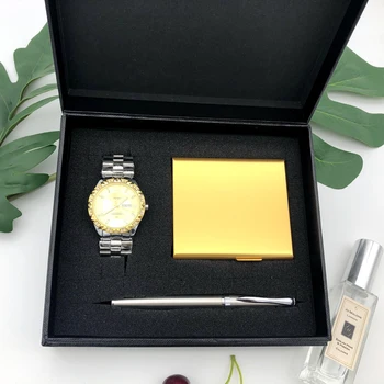 

High Quality Men Stainless Steel WatchUltra-thin cigarette case and Metal Signature Pen Suit Present Box Gift Set for Men Father
