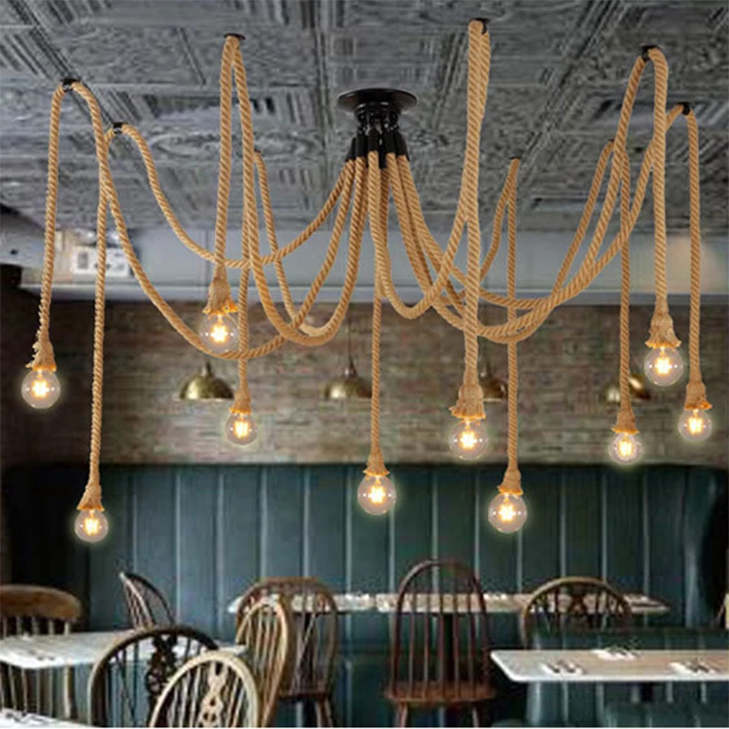 LAMPADARIO A SOSPENSIONE VINTAGE IN CORDA DI CANAPA NATURALE 6 LUCI 80 CENTIMETRI - Shop