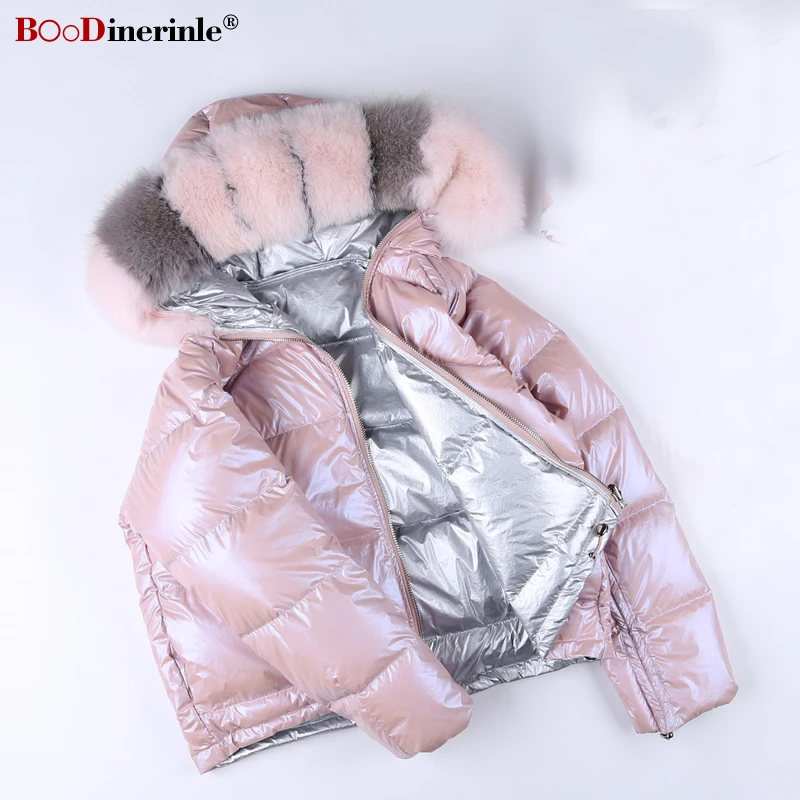 

BOoDinerinle Women's Winter Down Jacket Two-sided Wearing Short Glossy Puffer Jacket Casual Fur Collar Hooded Jackets For Woman