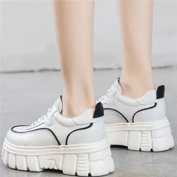 

SWONCO Genuine Leather Platform Sneakers For Women White Shoes Thick Bottom 2020 Spring New Student Causal Shoes Black Sneakers