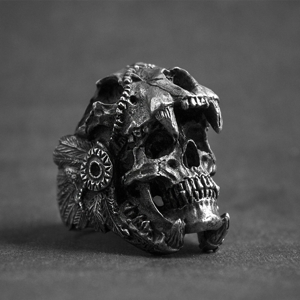 

Cool Mens Boys Steel Biker Rings Vintage Indian Jaguar Warrior Skull Punk Jewelry Gift For Him Gothic Men's Skull Ring
