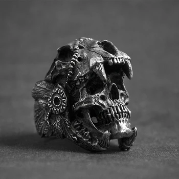 

Cool Mens Boys Steel Biker Rings Vintage Indian Jaguar Warrior Skull Punk Jewelry Gift For Him Gothic Men's Skull Ring