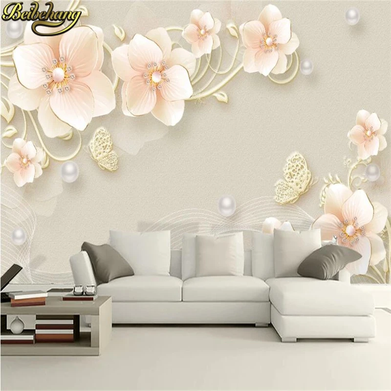 beibehang Custom Mural Wallpaper Diamond Pearl Flower European  wallpapers for Living Room Bedroom TV Background Wall Painting