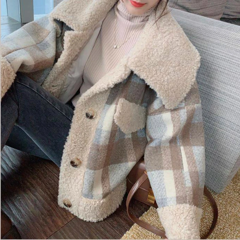 Goedkoop Vrouwen Korte Plaid Wollen Jas Mode Jas Koreaanse Grote Kraag