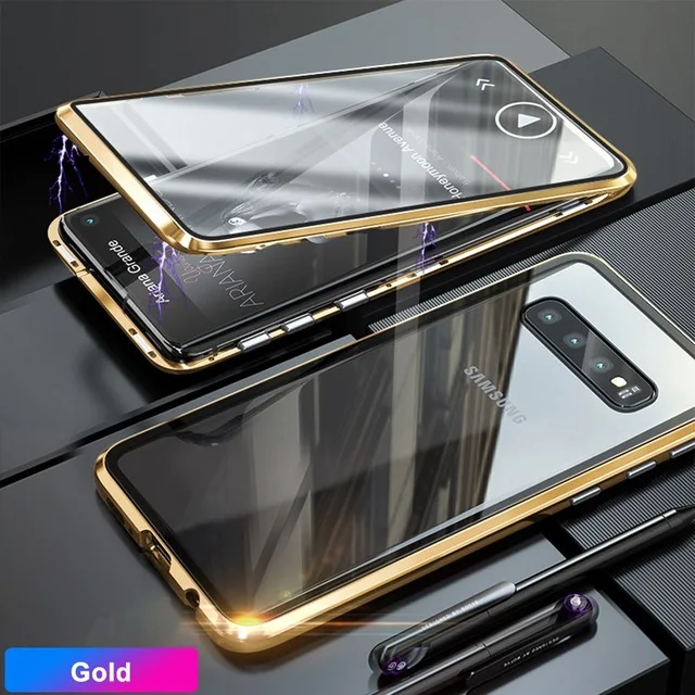 Gold Магнитный закаленное Двусторонняя Стекло чехол для samsung Galaxy A50 A70 Note10 Pro 8 9 S8 S9 S10e A7 A8 A9 плюс M10 металлические чехлы - Цвет: Gold