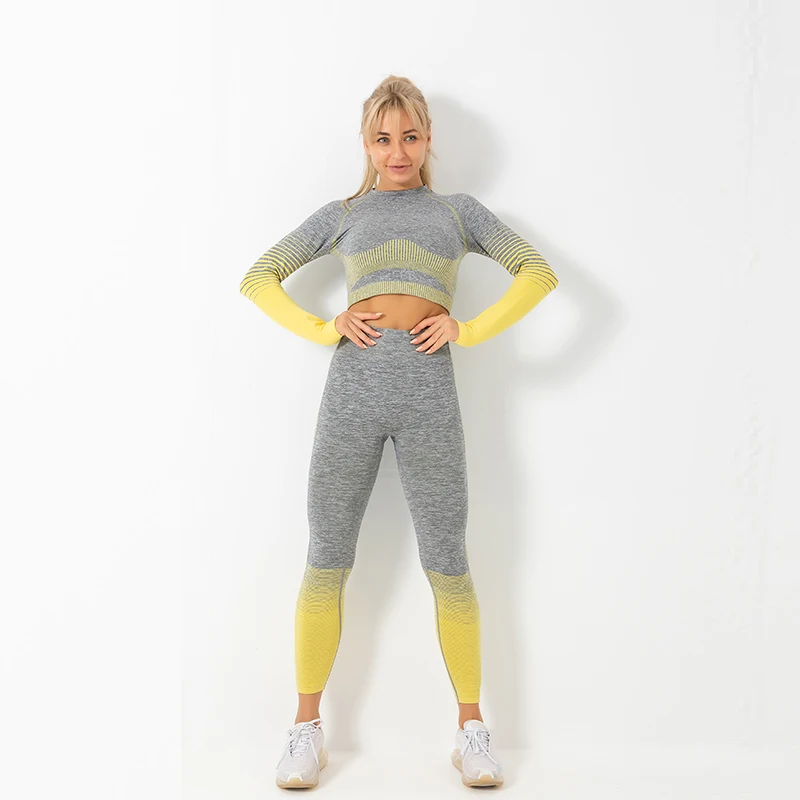 Women Gym Clothing Sports Wear Seamless Ombre Long Sleeve Yoga Set Legging Set High Waisted Fitnesss Suit Tight Work Out Suit