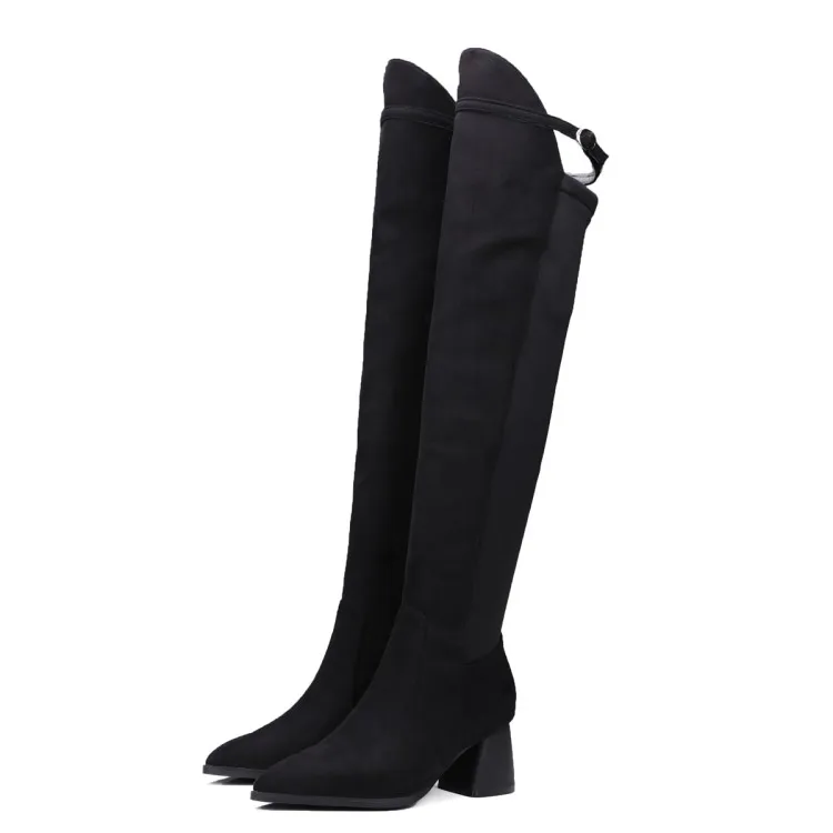 Высокие сапоги до бедра женские новые зимние модные заостренные квадратные Сапоги выше колена на среднем каблуке Женская обувь больших размеров 32-48 черного цвета - Цвет: 1