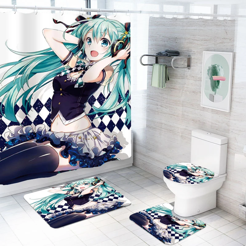 

Custom Hatsune Miku Anime Bathroom Set Polyester Fabric Waterproof Shower Curtains Anti-slip Toilet Mat Floor Carpet Bath Mats